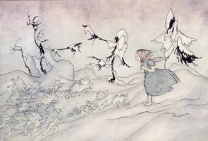Gerda is doodsbang voor de voorhoede van de Sneeuwkoningin, maar ze zei Onze Vader en wordt gered door kleine heldere engelen, illustratie uit De Sneeuwkoningin door Hans Christian Andersen, gepubliceerd 1932