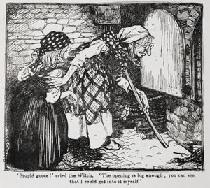 Grietje en de oude heks bij de oven uit Hans en Grietje door Arthur Rackham