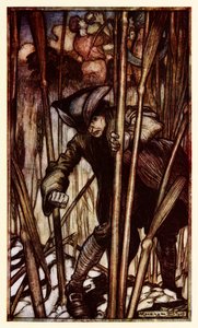 Gulliver wordt met angst vervuld bij het eerste gezicht van de Brobdingnagische maaiers, uit Deel II: Een reis naar Brobdingnag in Gullivers Reizen door Jonathan Swift door Arthur Rackham