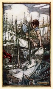 Gulliver grijpt de vloot van de vijand, uit Deel I: Een reis naar Lilliput in Gullivers Reizen door Jonathan Swift