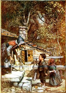 Hans en Grietje en de heks op de drempel van haar huisje