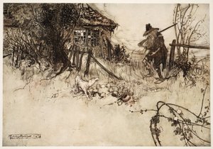 Hij vond het huis in verval. Mijn eigen hond, zuchtte arme Rip, is me vergeten., uit Rip Van Winkle door Washington Irving, uitgegeven 1910 door Arthur Rackham