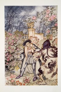 Hij hoorde een luid geluid en zag een beest op zich afkomen, zo angstaanjagend om te zien dat hij bijna flauwviel van angst, uit The Arthur Rackham Fairy Book, gepubliceerd 1933 door Arthur Rackham