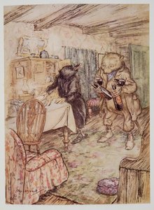 Hij verscheen al snel weer, enigszins stoffig, met een fles bier in elke poot en nog een onder elke arm, uit Wind in the Willows van Kenneth Grahame, pub. 1940 door Arthur Rackham