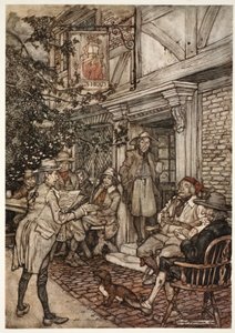 Hij troostte zichzelf door vaak een soort eeuwige club van wijzen, filosofen en andere luie personen te bezoeken, die zijn zittingen hield voor een kleine herberg., uit Rip Van Winkle door Washington Irving