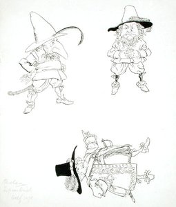Hij was een forse oude heer, met een verweerd gezicht; hij droeg een met kant afgezet wambuis, brede riem en hanger, hoed met hoge kroon en veer, rode kousen en schoenen met hoge hakken, illustratie uit 