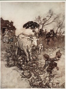 Zijn koe zou verdwalen of tussen de kool komen., uit Rip Van Winkle door Washington Irving, pub. 1910 door Arthur Rackham