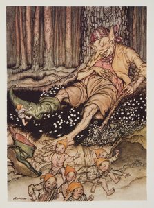 Klein Duimpje ging zachtjes naar de reus en trok zijn zevenmijlslaarzen uit, uit The Arthur Rackham Fairy Book, gepubliceerd 1933 door Arthur Rackham