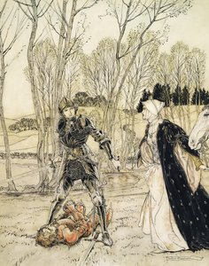 Hoe Beaumains de Rode Ridder versloeg, en altijd sprak de jonkvrouw vele vuile woorden tot hem door Arthur Rackham
