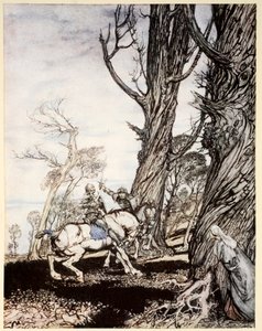 Hoe Sir Launcelot de ridder Sir Peris de Forest Savage doodde die dames, jonkvrouwen en vrouwen in nood bracht, illustratie uit 