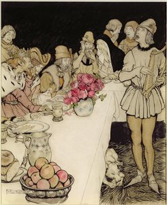 Hoe op een groot feest dat koning Mark hield, Eliot de harpspeler kwam en het lied zong dat Dinadan had gemaakt door Arthur Rackham
