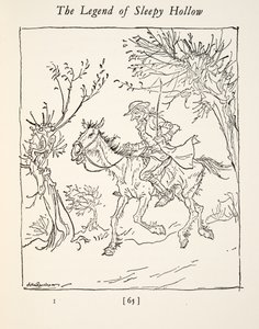 Ichabod Crane ontsnapt aan de ruiter zonder hoofd, uit De Legende van Sleepy Hollow door Washington Irving (1783 - 1859), pub. 1928 door Arthur Rackham