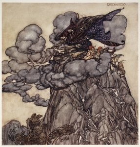 Als ze ontevreden was, zou ze wolken zwart als inkt brouwen, zittend in het midden ervan als een flesbuikige spin in het midden van zijn web; wanneer deze wolken braken, wee de valleien!, uit Rip Van Winkle door Arthur Rackham
