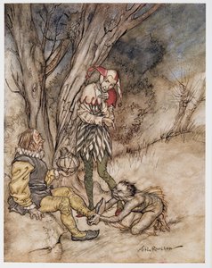 Ik zal je voet kussen: ik zal zweren dat ik je onderdaan ben, illustratie uit William Shakespeares De Storm, uitgegeven 1926 door Arthur Rackham