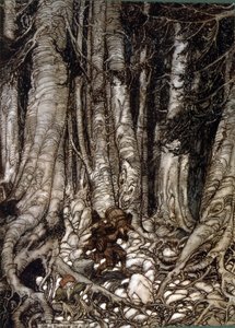 Illustratie door Arthur Rakham van Rip Van Winkle, een kort verhaal door de Amerikaanse auteur Washington Irving voor het eerst gepubliceerd in 1819