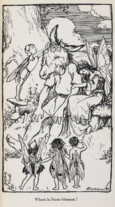 Illustratie uit Een Midzomernachtsdroom met feeën en een man met een ezelskop door Arthur Rackham