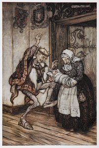 Illustratie uit Doornroosje van een oude koning en koningin en hun baby door Arthur Rackham