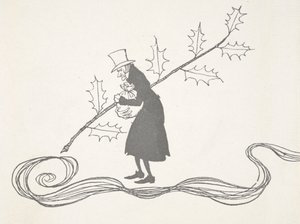 Illustratie van Scrooge, afgebeeld met een takje hulst, een zak geld vasthoudend en boos kijkend door Arthur Rackham