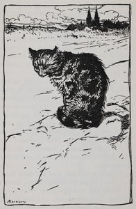Illustratie van een kat uit De Bremer Stadsmuzikanten door Arthur Rackham