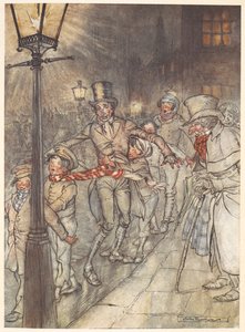Illustratie van een straattafereel op kerstavond met Bob Cratchit en kinderen. door Arthur Rackham
