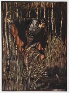 Illustratie van een jongeling bij een vijver uit De Witte Slang door Arthur Rackham