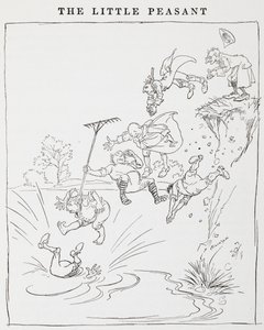 Illustratie van mannen die van een klif in een vijver springen uit De Kleine Boeren door Arthur Rackham