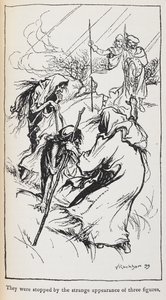 Illustratie van de drie heksen, Macbeth en Banquo door Arthur Rackham