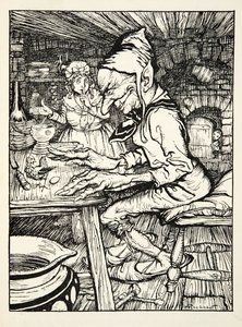 Leg!, brulde de reus en toen legde de hen onmiddellijk een ei van massief goud, uit The Arthur Rackham Fairy Book, gepubliceerd 1933