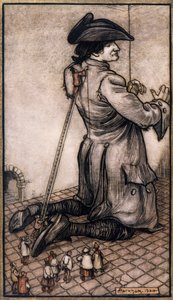 Lilliputische kleermakers meten Gulliver voor een nieuw pak, illustratie door Arthur Rackham uit Gulliver