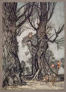 Linkmannen rennen voorop met winterkersen, uit Peter Pan in Kensington Gardens door J M Barrie, pub. 1906 door Arthur Rackham