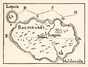 Kaart van Laputa (vliegend eiland rechtsboven) en Balnibarbii (hoofdpoort Maldonada), uit Deel III: Een reis naar Laputa, Balnibarbi, Luggnagg, Glubbdubdrib en Japan in Gullivers Reizen door Jonathan Swift