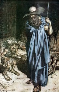 Mime en de Zwerver. Illustratie voor Siegfried en De Schemering der Goden door Richard Wagner