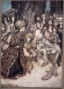 Mijnheer de hertog, zei de arts verheugd, ik heb de eer uw excellentie te informeren dat uw genade verliefd is.., uit Peter Pan in Kensington Gardens door J M Barrie door Arthur Rackham