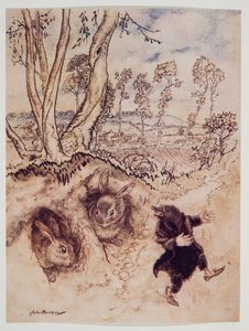 Uien-saus! Uien-saus! merkte hij spottend op, en was verdwenen voordat ze een antwoord konden bedenken, uit Wind in the Willows van Kenneth Grahame, pub. 1940 door Arthur Rackham