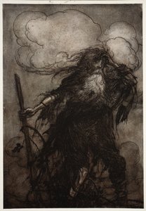 Rip wordt wakker. Zeker, dacht hij, ik heb hier niet de hele nacht geslapen? Oh! Die kruik! Die gemene kruik! Wat voor excuus zal ik maken voor Dame Van Winkle? uit Rip Van Winkle door Washington Irving, pub. 1910