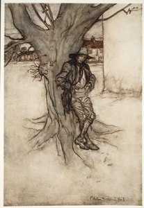 Rips zoon, een nauwkeurig evenbeeld van zichzelf, zoals hij de berg op ging., uit Rip Van Winkle door Washington Irving, pub. 1910 door Arthur Rackham