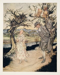 Slenterend in de schemering, uit De Legende van Sleepy Hollow door Washington Irving (1783 - 1859), pub. 1928 door Arthur Rackham