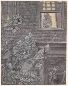 Scrooge bij zijn raam die naar geesten op straat kijkt door Arthur Rackham