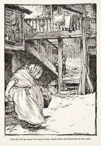 Ze ging niet één keer maar vele keren, heen en weer naar de put, uit De Sprookjes van de Gebroeders Grimm, pub. 1909 door Arthur Rackham