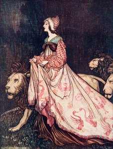Ze ging weg vergezeld door de leeuwen, uit De Sprookjes van de Gebroeders Grimm, uitgegeven 1909 door Arthur Rackham