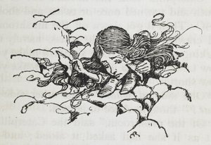 Gekrompen Alice na het eten van de paddenstoel van de Rups door Arthur Rackham