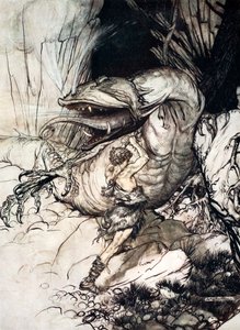 Siegfried doodt Fafner door Arthur Rackham