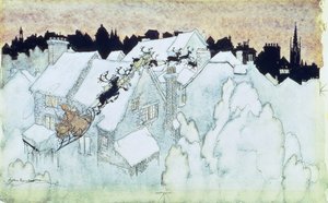 "Dus naar het dak vlogen de rendieren", illustratie bij "De nacht voor Kerstmis" uitgegeven 1931 door Arthur Rackham