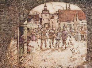 Dus de vier broers namen hun stokken in hun handen, namen afscheid van hun vader en verlieten de stadspoort, uit De Sprookjes van de Gebroeders Grimm, uitgegeven 1909 door Arthur Rackham