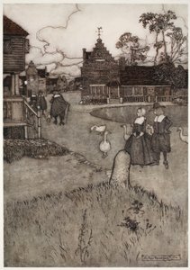 Enkele huizen van de oorspronkelijke kolonisten, uit Rip Van Winkle door Washington Irving, pub. 1910 door Arthur Rackham