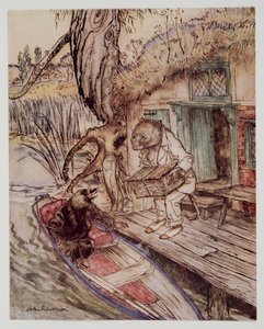 Leg dat onder je voeten, merkte hij op tegen de Mol, terwijl hij in de boot stapte, uit Wind in the Willows van Kenneth Grahame, pub. 1940 door Arthur Rackham