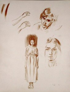 Studies van een vrouw, gezichten en handen door Arthur Rackham