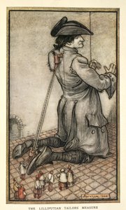 Kleermakers van Lilliput meten Gulliver, illustratie uit Gulliver