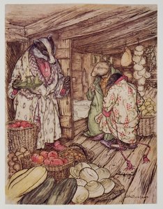 De wintervoorraden van de Das, die inderdaad overal zichtbaar waren, namen de helft van de kamer in beslag, uit Wind in the Willows van Kenneth Grahame, pub. 1940 door Arthur Rackham