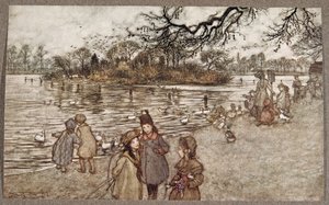 Het eiland waarop alle vogels worden geboren die babyjongens en -meisjes worden, uit Peter Pan in Kensington Gardens door J M Barrie (1860 - 1937), pub. 1906 door Arthur Rackham